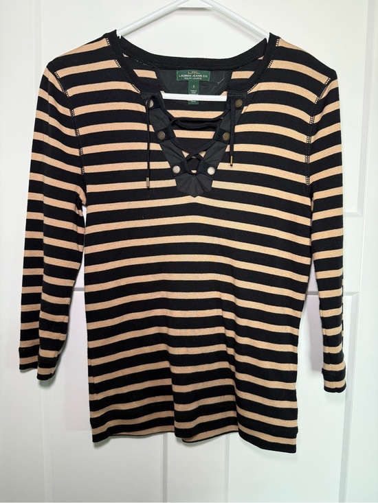 Ralph Lauren Tops - Ralph Lauren Black and Tan Striped Lace-Up 3/4 Sleeve Top Y2K